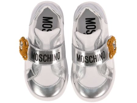 Moschino Kids Girl s White and Silver Leather Sneakers For Discount