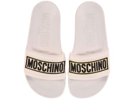 Moschino Kids Boy s White and Black Debossed-Logo Sliders Hot on Sale